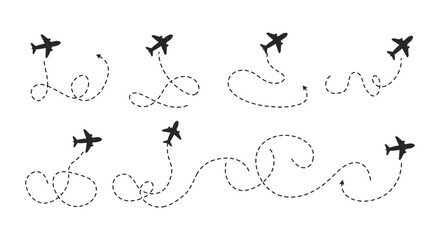 Airplane Flight Paths Set Illustration with Dotted Lines on White Background Illustration