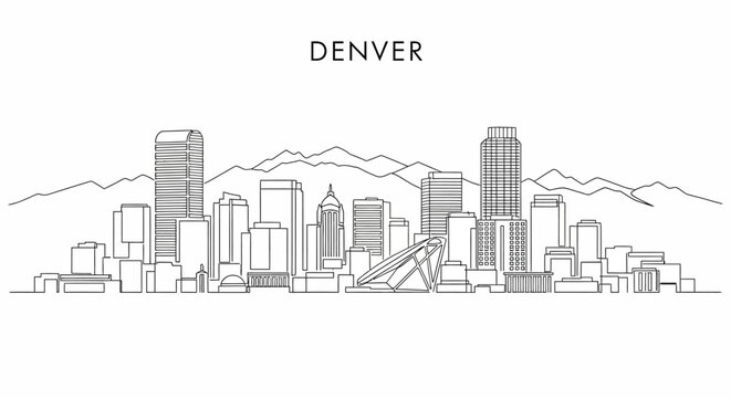 Denver Skyline: The illustration captures the essence of the city, showcasing iconic buildings in a simple, minimalistic design that evokes a sense of urban modernity. 