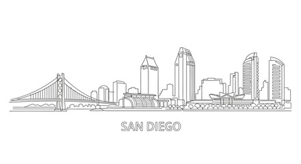 San Diego Skyline: A minimalist outline of the iconic San Diego cityscape, showcasing architectural marvels and the city's unique character. 
