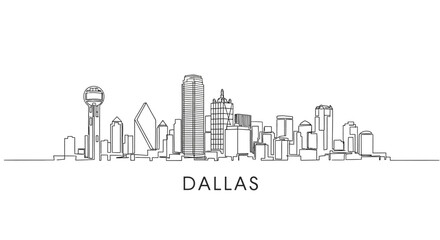 Naklejka premium Dallas Skyline: An architectural line drawing of the Dallas skyline, showcasing iconic buildings and cityscapes. Minimalist urban art, ideal for travel or city-themed projects.