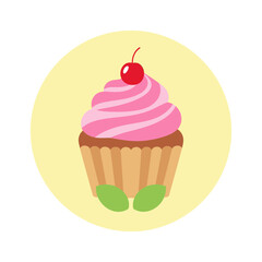 Pink frosted cupcake with cherry on top against yellow background.