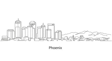 Obraz premium Phoenix Cityscape Illustration: A minimalistic line drawing depicts the iconic skyline of Phoenix, Arizona. Illustrating the city's architectural marvels with simplicity and elegance. 