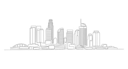 Fototapeta premium Cityscape Silhouette: A minimalist monochrome line art illustration captures the essence of a bustling urban skyline, showcasing the unique architecture and modern design of city buildings.