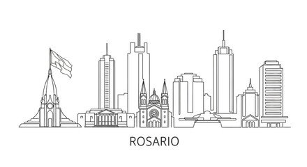 Obraz premium Rosario Cityscape: A minimalist black and white line art illustration depicts the iconic buildings that shape Rosario's skyline, showcasing the city's architectural diversity.