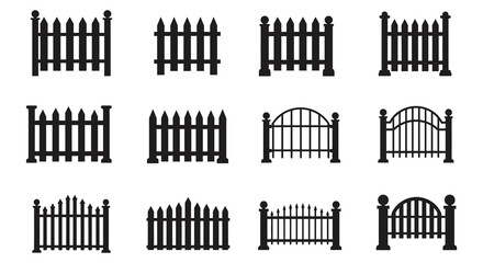 Set of Black Silhouette Fence Designs for Garden or Yard Vector Illustration