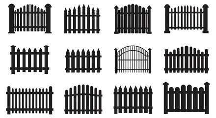 Set of Black Fence Silhouette Icons Illustration Garden Yard and Home Security