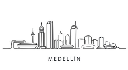 Medellin Skyline Sketch: A minimalist line drawing of the Medellin skyline, showcasing its unique architectural silhouette. Capturing the city's urban landscape in a simple yet striking design.
