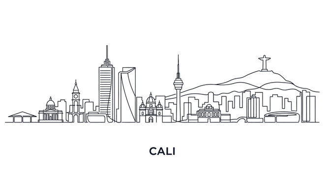 Cali Skyline: Minimalist city skyline illustration of Cali, showcasing iconic landmarks with clean lines and modern design.