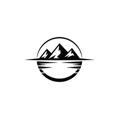 Circular logo design featuring stylized mountains reflected in water