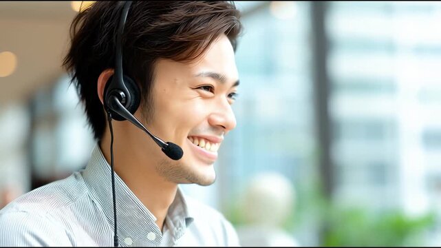 ヘッドセットを着けた男性オペレーターのポートレート｜男性, オペレーター, コールセンター, 顧客対応, ヘッドセット, 笑顔, ビジネス, サポート, カスタマーサービス, 