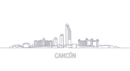 Naklejka premium Cancun Skyline: A clean, minimalistic depiction of the Cancun skyline, showcasing iconic buildings and structures with a focus on the city's modern architecture.