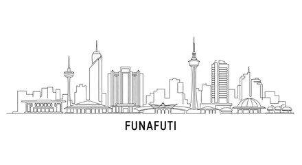 Funafuti Cityscape: An illustrative skyline of Funafuti's iconic buildings, rendered in clean black lines. Explore the architectural charm and urban landscape of this fascinating city.