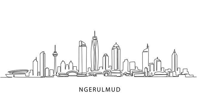 Ngerulmud Skyline: A stylized, linear illustration showcases the Ngerulmud skyline, depicting its unique silhouette of modern buildings and structures.