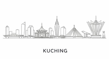 Kuching City Skyline: A minimalist linear depiction of the Kuching city skyline, highlighting architectural marvels and urban landscape.