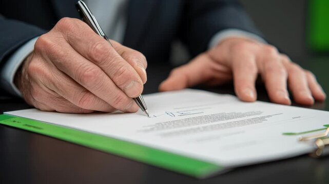 Policy impact on green jobs concept. A hand signing a document with a pen on a table, representing formal agreements.
