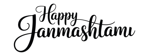 Krishna Janmashtami greeting with elegant black “Happy Janmashtami” cursive text on white background celebrating Hindu birth festival