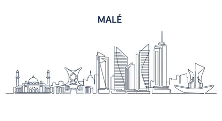 Male Skyline: A modern and clean graphic showcasing the skyline of Male, featuring iconic buildings, geometric lines and a simplified artistic style that captures the essence of the cityscape.