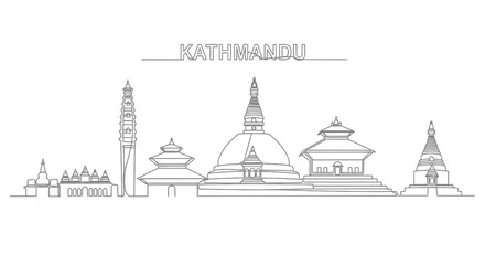 Kathmandu Cityscape: A minimalist line art illustration of Kathmandu's iconic landmarks, showcasing the city's unique skyline against a neutral background.