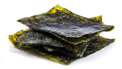A close-up of a neat stack of dark green, dried, and roasted nori seaweed sheets