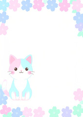 A4-sized paper templates with adorable cartoon cat designs. Each page features a different layout with soft pastel colors, cute illustrations of cats, and playful borders, perfect for children's
