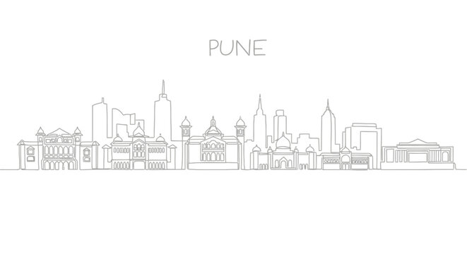 Pune City Skyline: A minimalist line art showcases the architectural splendor of Pune, India. It's a clean and modern representation, perfect for travel and design projects.