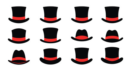 Collection of Black Top Hats Illustration with Red Bands in Various Angles and Styles