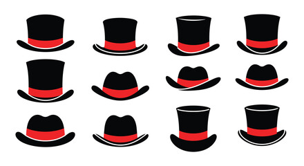 Collection of Black Top Hats Illustration with Red Bands in Various Styles