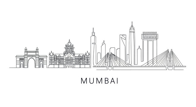 Mumbai Skyline: A minimalist line art of Mumbai's iconic skyline, showcasing the city's architectural marvels and vibrant urban character.
