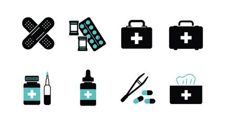First Aid Kit Icons Medical Supplies Healthcare Symbols Illustration 