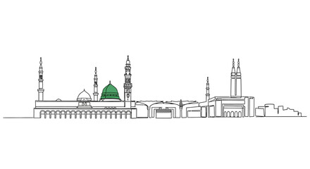 Obraz premium Medina Cityscape: A minimalist illustration captures the spiritual essence of Medina's skyline, highlighting its sacred architecture and iconic landmarks in a serene outline.