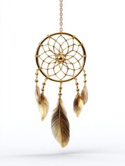 Golden Dream Catcher with Feathers on White Background