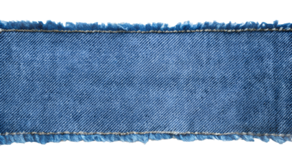 A strip of blue denim fabric with frayed edges, isolated on transparent background, showcasing the texture and detail of the material