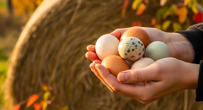 Hands gently cradle fresh farm eggs amidst golden hay and autumn foliage