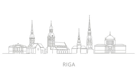 Naklejka premium Riga Cityscape: A minimalistic line drawing captures the essence of Riga's architectural beauty, featuring iconic buildings and landmarks in a sleek, artistic style.