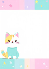 A4-sized paper templates with adorable cartoon cat designs. Each page features a different layout with soft pastel colors, cute illustrations of cats, and playful borders, perfect for children's