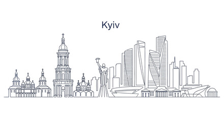 Naklejka premium Kyiv Cityscape: A detailed line art illustration of the iconic architecture of Kyiv, Ukraine, showcasing its cultural heritage and modern urban development.