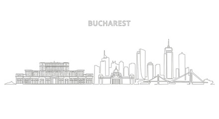 Obraz premium Bucharest Cityscape: A minimalist line art illustration captures the urban elegance of Bucharest, Romania's capital, showcasing iconic landmarks and architectural details.