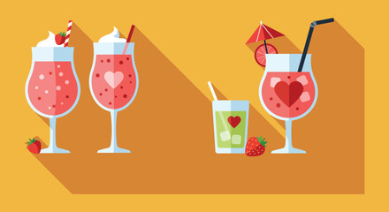 Four Delicious Strawberry Summer Cocktails Flat Lay Vector Illustration