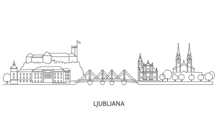 Fototapeta premium Ljubljana City Skyline: An elegant, line-art illustration captures the iconic cityscape of Ljubljana, Slovenia, with detailed landmarks. Showcasing architectural beauty and design.