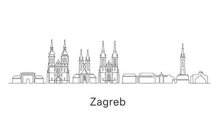 Zagreb Skyline: A clean, minimalistic line drawing of Zagreb's iconic skyline, showcasing the city's architectural landmarks and urban design.
