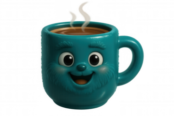 Cheerful, cartoon-style mug with a smiling face holds steaming hot coffee, set against a transparent background