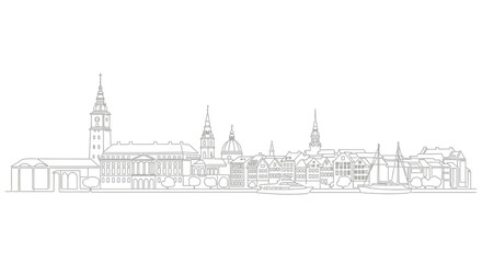 Fototapeta premium Cityscape Silhouette: A detailed line drawing showcases the elegant silhouette of a city skyline, with its distinctive architectural features.