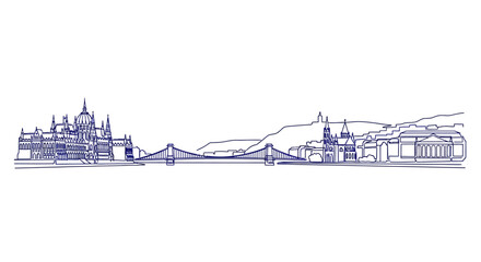 Obraz premium Budapest Panorama: A minimalist line drawing of Budapest's iconic skyline, depicting its famous bridges, buildings, and landmarks. The artwork focuses on architectural design.
