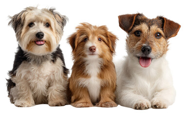Charming trio of diverse dogs a fluffy Havanese a cute puppy and a happy Jack Russell posing together.
