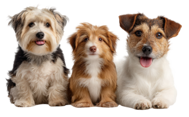 Charming trio of diverse dogs a fluffy Havanese a cute puppy and a happy Jack Russell posing together.