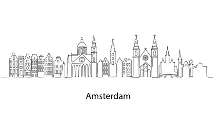 Amsterdam Skyline Sketch: A minimalist line drawing presents the iconic skyline of Amsterdam. Showcasing the city's unique architectural blend.