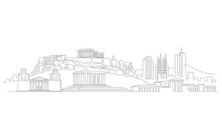 Fototapeta premium Athens Skyline: A detailed line drawing showcases the iconic Athens skyline, featuring the Acropolis and other historic structures.
