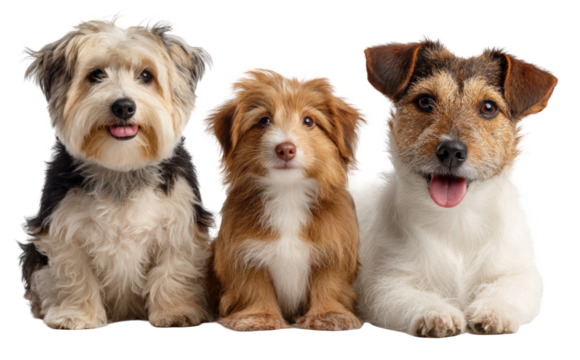 Charming trio of diverse dogs a fluffy Havanese a cute puppy and a happy Jack Russell posing together.