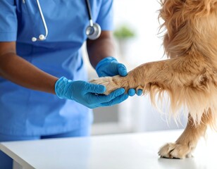 Vet gently examining a golden retriever's paw