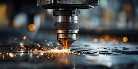 The laser cutter is precisely working on a sheet of metal, generating sparks as it creates intricate designs